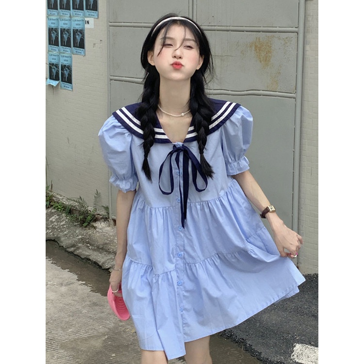 Đầm Chữ A Tay Ngắn Cổ Thủy Thủ Phong Cách Preppy Mẫu Mới 2022