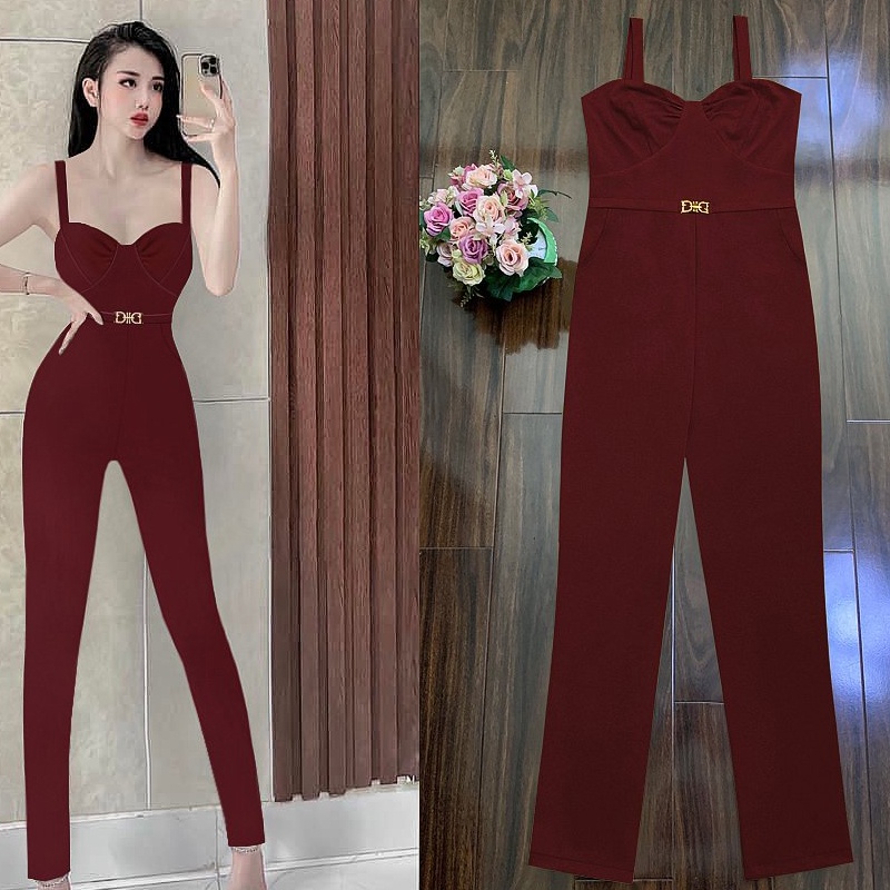 Jumpsuit dài ống ôm cúp ngực 2 dây kèm belt xinh xắn J1174