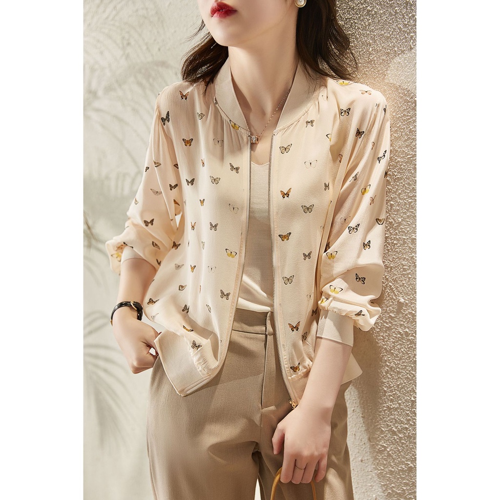 Áo Khoác Cardigan H4477 DD 2022 Bằng Lụa Nhân Tạo Tay Dài In Họa Tiết Bướm Có Khóa Kéo