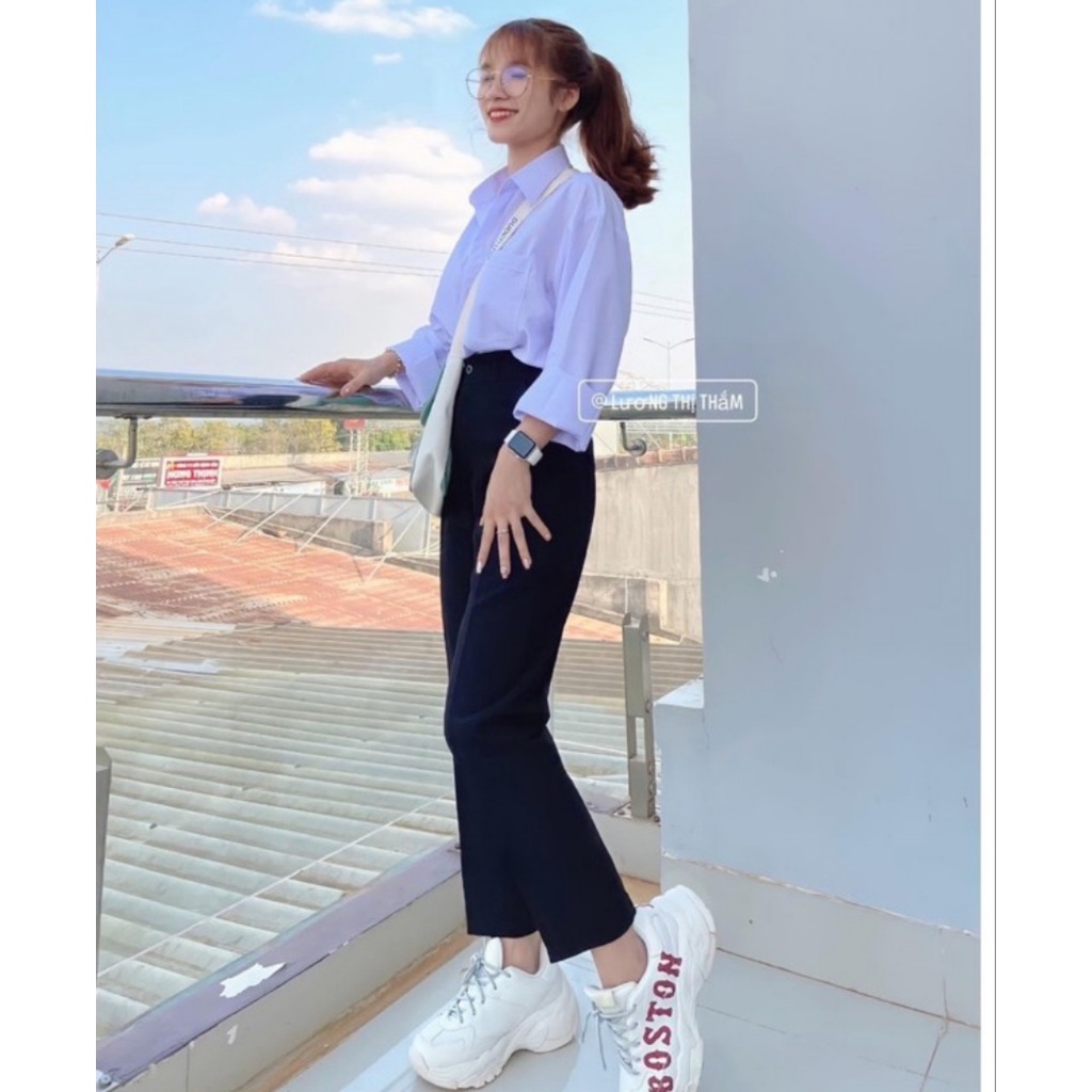 Quần tây baggy đi học nữ có đai lưng cao màu xanh đen dáng dài vải mềm trơn - Quần vải nữ công sở cạp ống đứng mặc sinh