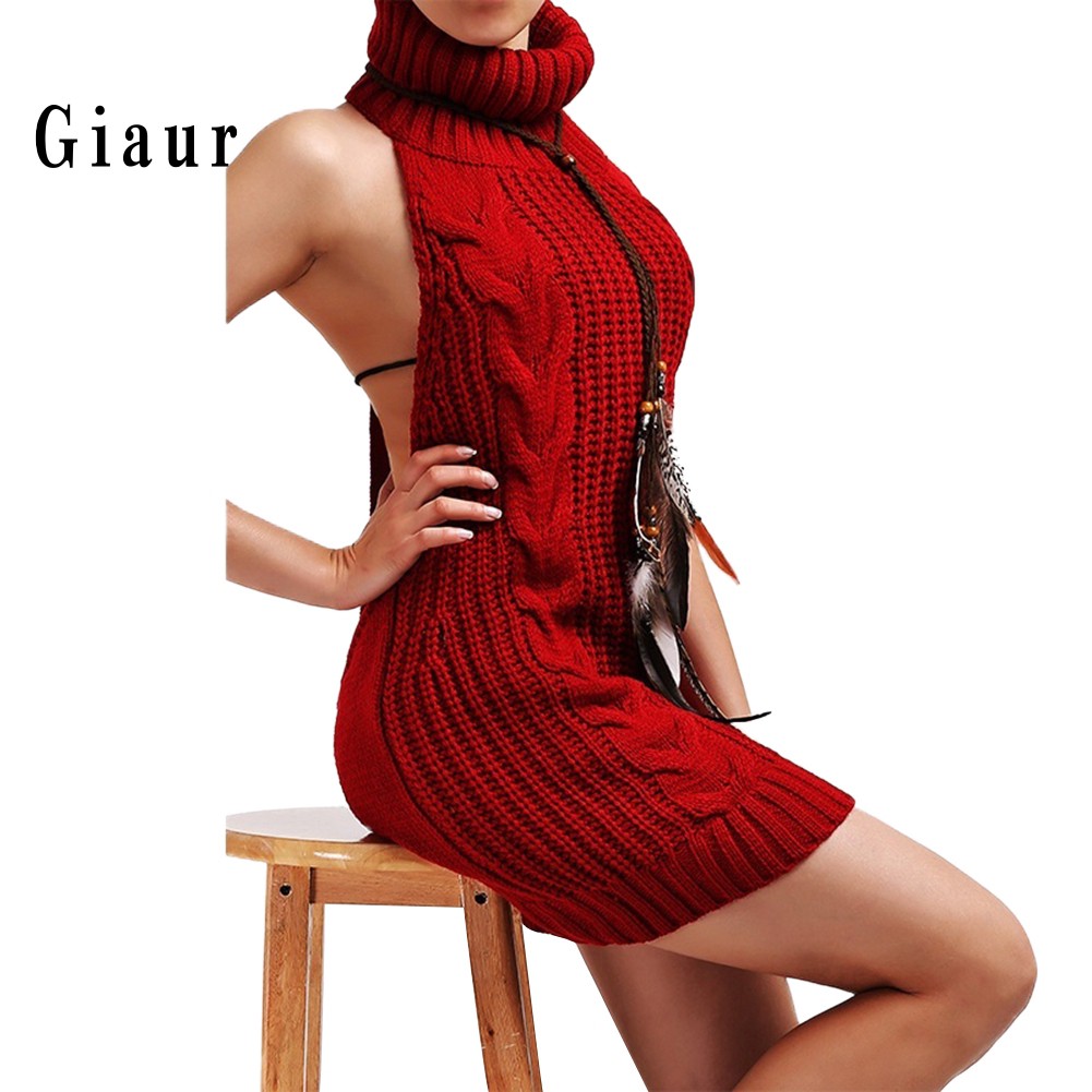 Promotion Women Sexy Backless Sleeveless Turtleneck Pullover Knit Sweater Cosplay Dress | BigBuy360 - bigbuy360.vn