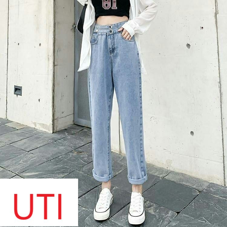 QUẦN BAGGY JEAN NỮ LƯNG CAO 2 KHOEN DÂY LAI CUỐN MÀU XANH NHẠT CAO CẤP UTI ĐỦ SIZE S, M, L FORM THỤNG