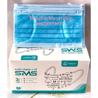 Khẩu trang y tế 3 lớp màu Xanh SMS hộp 50 cái / Hộp - Khẩu trang chính hãng Liworldco