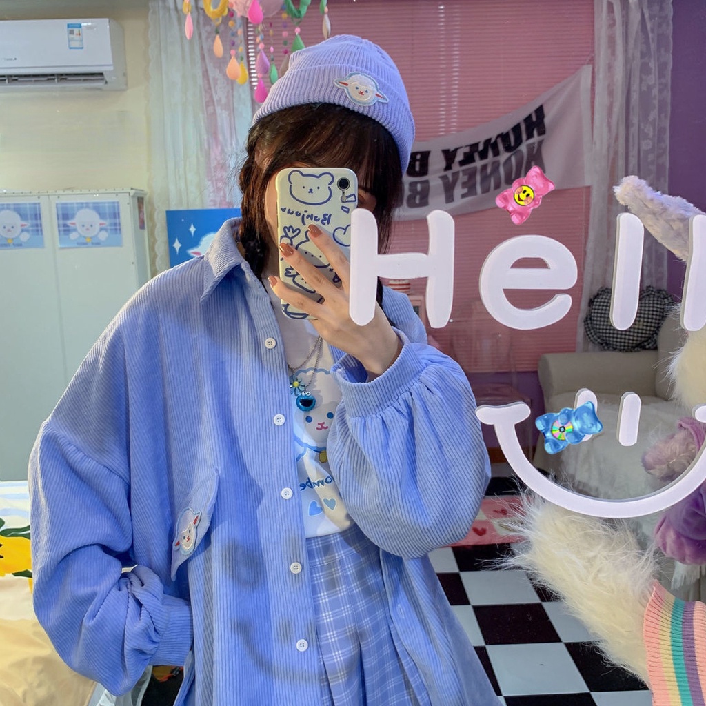 Áo Sơ Mi Nhung Kẻ Thêu Hình Dễ Thương Dành Cho Nữ