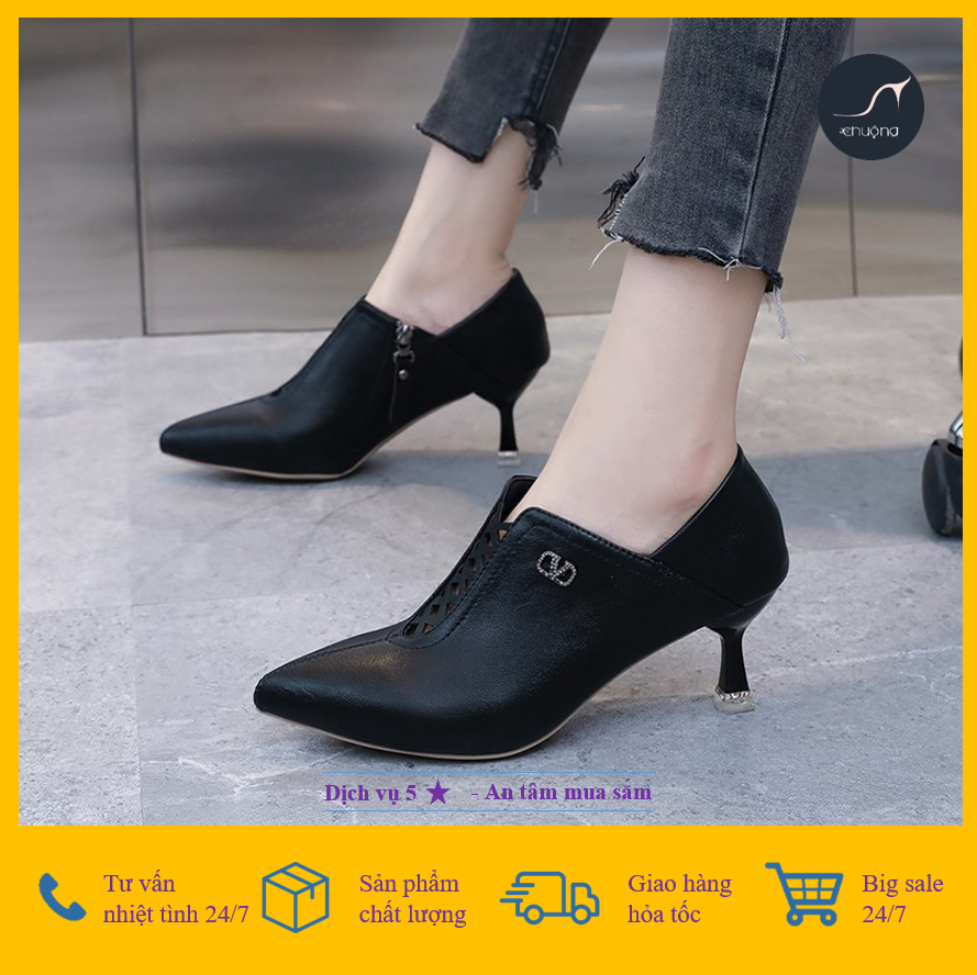 [GIÁ HỦY DIỆT] [Ảnh thật] Giày Bốt Nữ Boot Mũi Nhọn Gót Nhọn Họa Tiết Đan Và Khóa Kéo Hông 2 Màu Đen - Kem 7cm