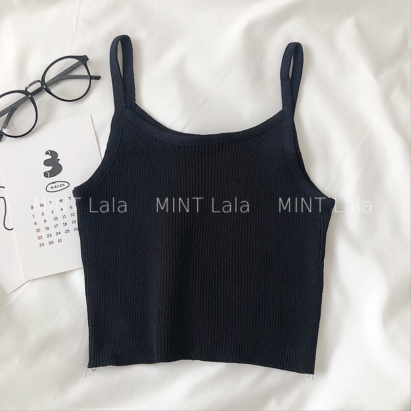 Áo Len 2 Dây Croptop Màu Đen Xanh Thời Trang Cho Nữ