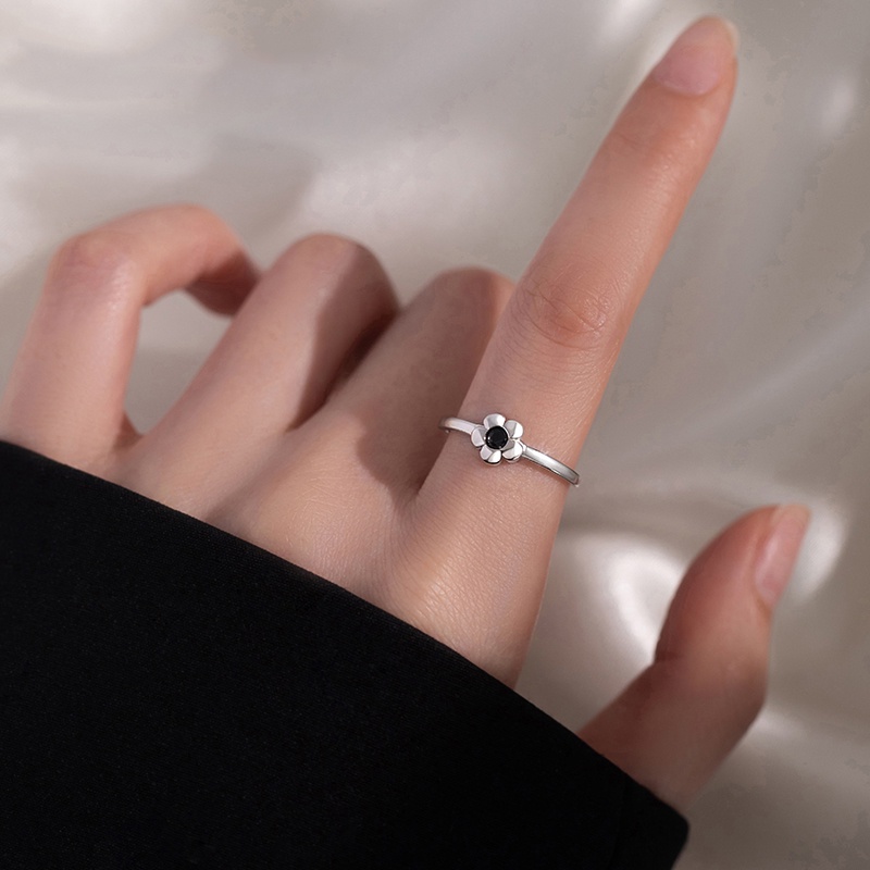 Nhẫn Hở Hình Hoa Đính Đá zircon Màu Đen / Bạc Tùy Chỉnh Phong Cách Hàn Quốc Thời Trang Cho Nam Và Nữ