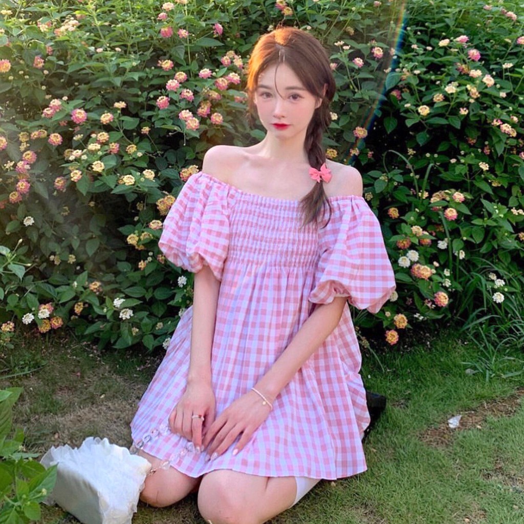 Đầm Trễ Vai Tay Bồng Caro PEONYB Nữ [FREESHIP] 🌸 Váy babydoll hở lưng bánh bèo tiểu thư màu XANH | HỒNG Ulzzang HOT 🌸 | BigBuy360 - bigbuy360.vn