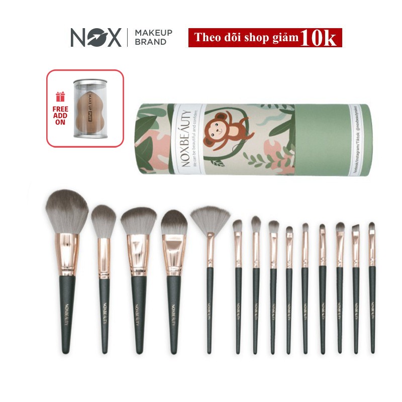 Bộ 14 cọ trang điểm NOX màu xanh lá đậm đa năng cho phấn nền/phấn mắt/phấn má