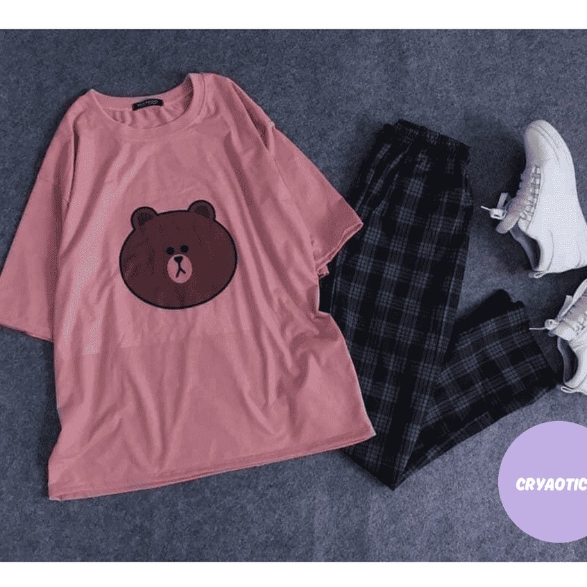 [COMBO TIẾT KIỆM] Set 1 áo gấu Brown Line Friend + 1 quần caro xám xanh unisex