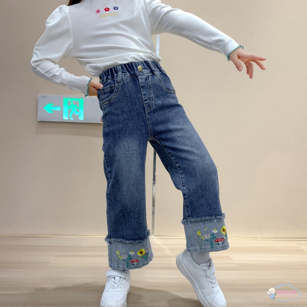 Quần Jean Dài Thêu Họa Tiết Kiểu Hàn Quốc Thiết Kế Thoải Mái Cho Bé Gái