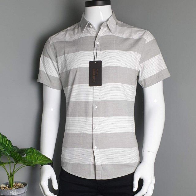 Áo sơ mi nam cọc tay kẻ sọc lên dáng chuẩn, form body Hàn Quốc xanh trắng