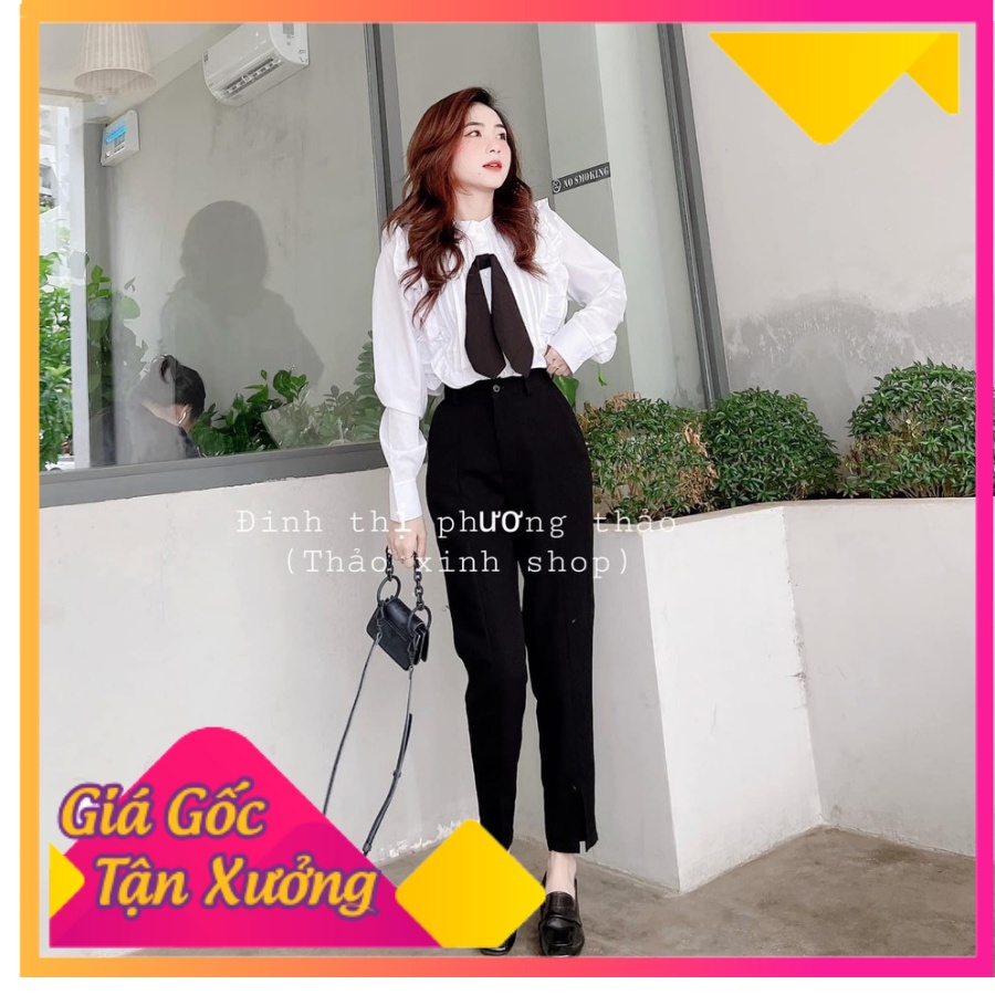 Set Áo Sơ Mi Cổ Nơ Đen Mix Quần - Set Áo Sơ Mi Bèo Tay Dài Phối Quần ( Ngọc Tâm Chuyên Sỉ )