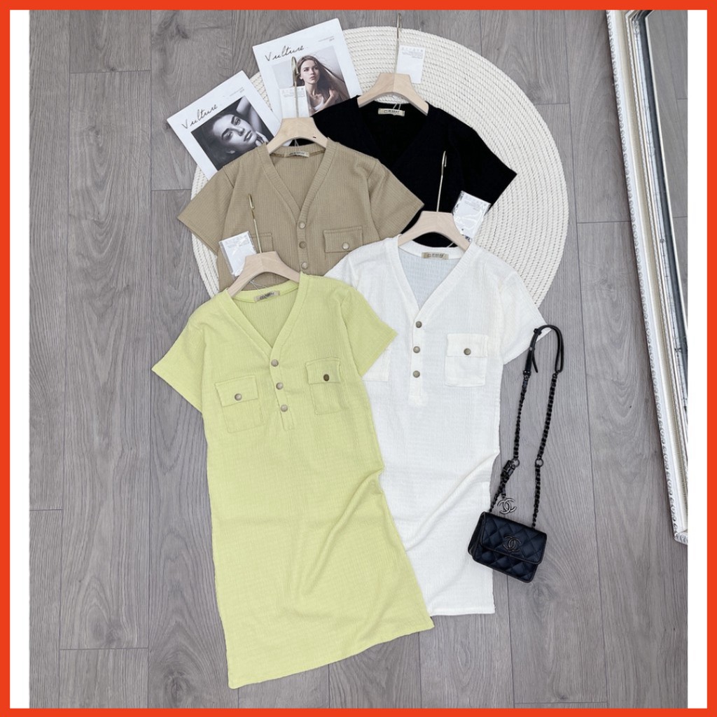 Sale Váy sốp body cúc túi hộp cổ v cực hot. siêu sinh