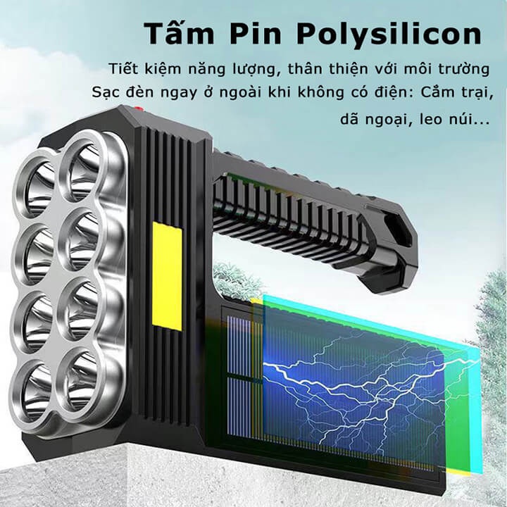 Đèn pin cầm tay siêu sáng 8 bóng chiếu xa 300m, đèn pin Led sạc tích điện năng lượng mặt trời 4 chế độ, có