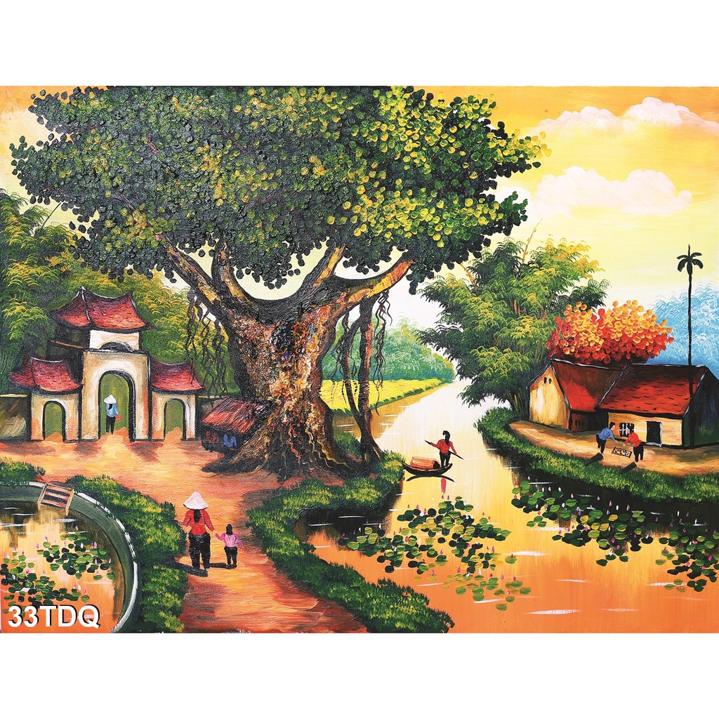 TRANH DÁN TƯỜNG LÀNG QUÊ VIỆT NAM XƯA - TRANH DÁN TƯỜNG ĐỒNG QUÊ 3D NÉT GIẢ SƠN DẦU