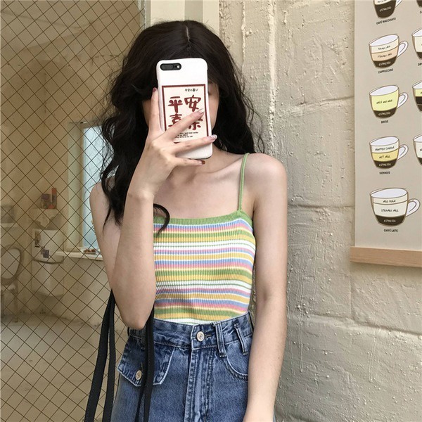 Áo 2 dây ZHELIHANGFEI dệt kim kẻ sọc màu cầu vồng