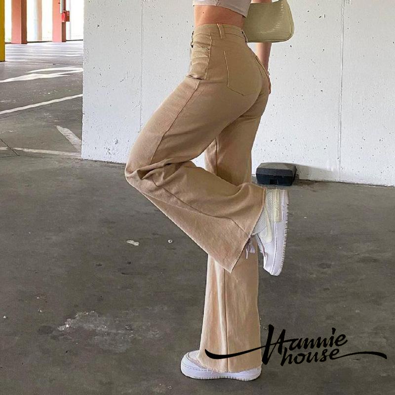 Quần jean ống loe lưng cao có túi thời trang cho nữ