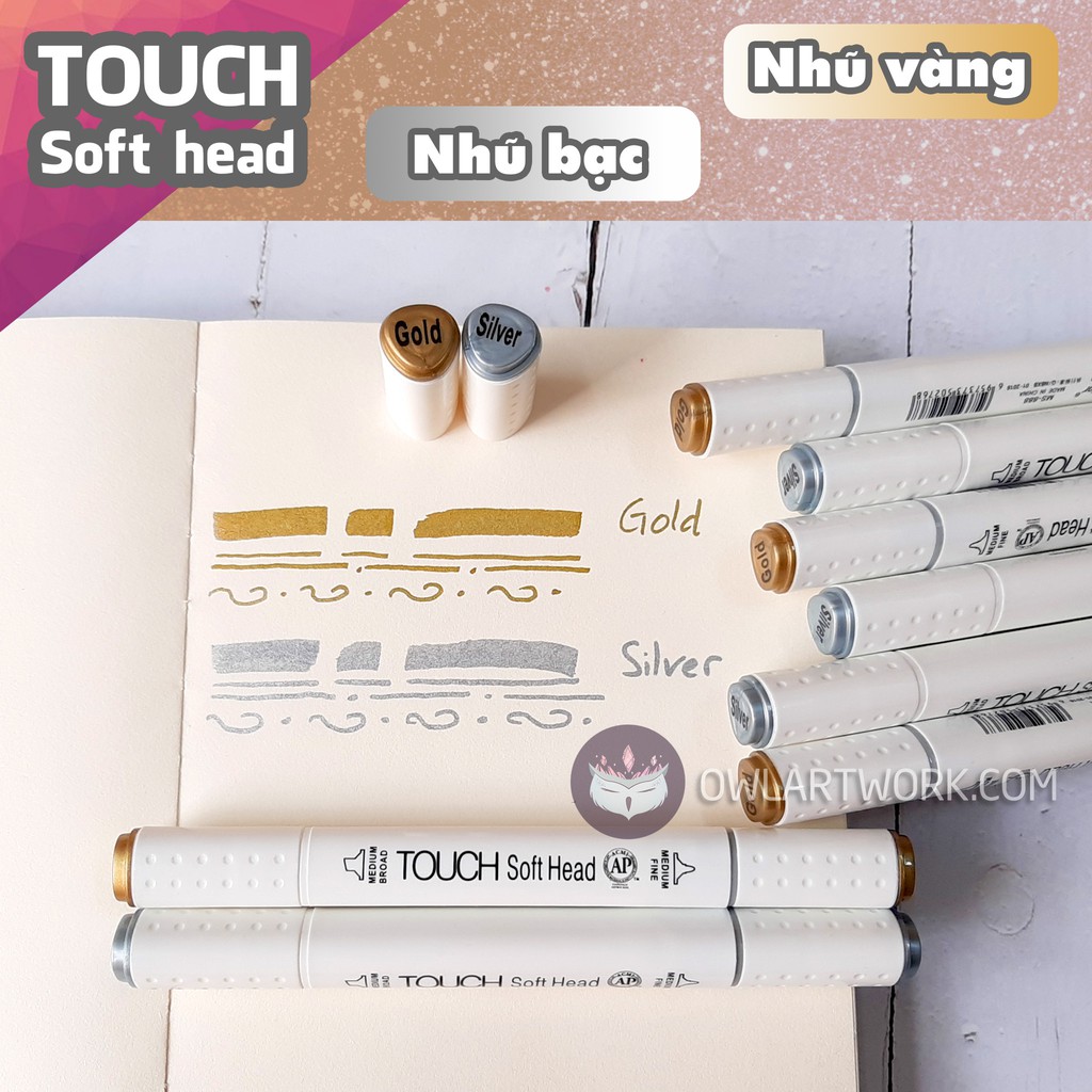 [CHÍNH HÃNG] Bút Marker TOUCH SOFT HEAD Cây Lẻ Nhũ Vàng, Bạc