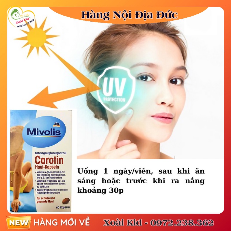 Viên uống chống nắng trắng da Carotin Mivolis, kem chống nắng Sundance, Nivea của Đức