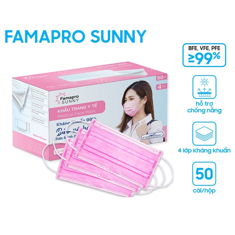 [SUNNY HỘP 50 CÁI] Khẩu trang y tế kháng khuẩn 4 lớp Famapro Sunny (50 cái/ hộp)