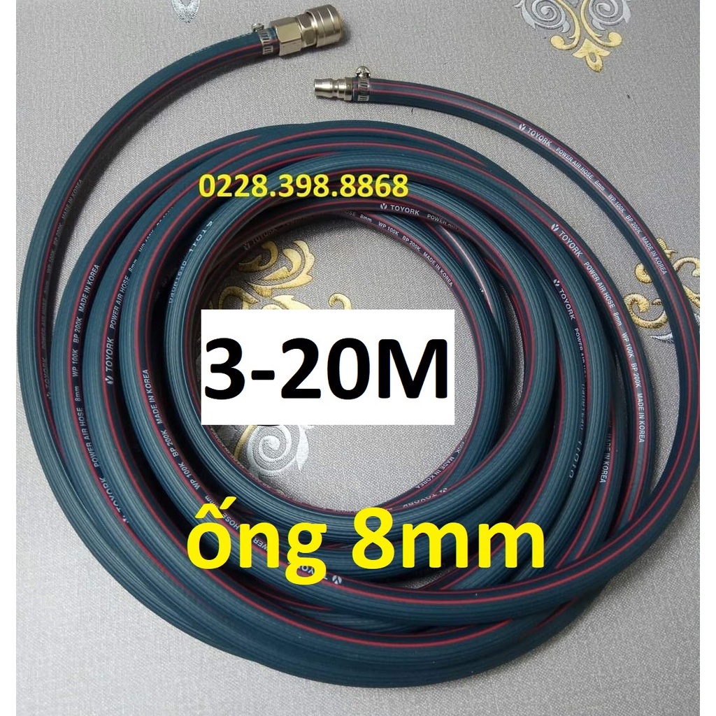 Dây hơi cao su bố vải 3-20m, made in Korea, lỗ 8mm, kèm bộ đầu nối nhanh cao cấp (SS1983) (SS6704)