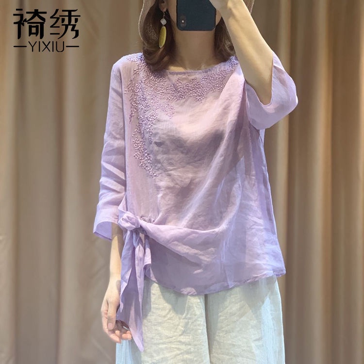 Áo Chống Nắng Dáng Rộng Vải Cotton Mỏng Thoáng Khí Thêu Họa Tiết Thắt Nút Mới