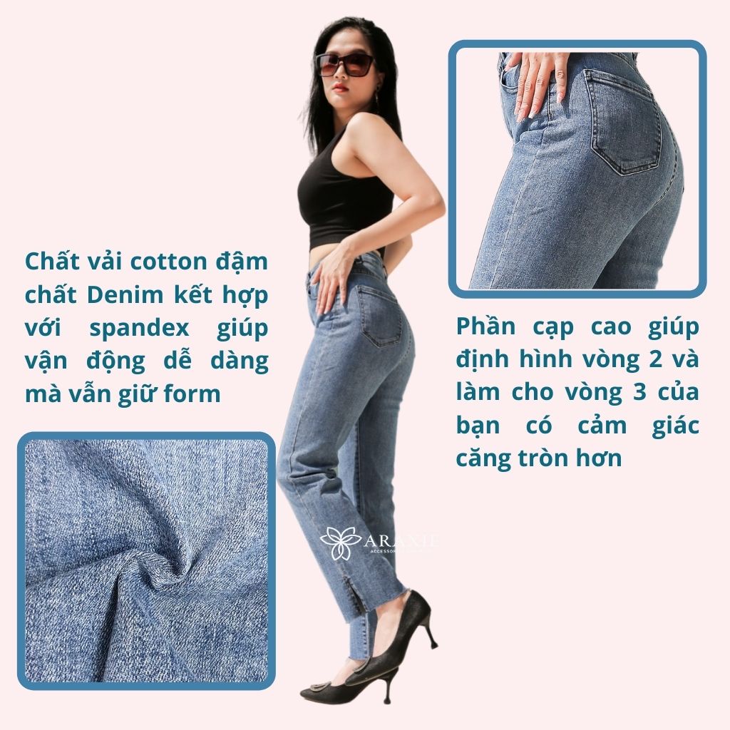 Quần bò nữ ống đứng Araxie quần jeans ống đứng nữ màu xanh xẻ gấu co giãn 4 chiều JAOD05