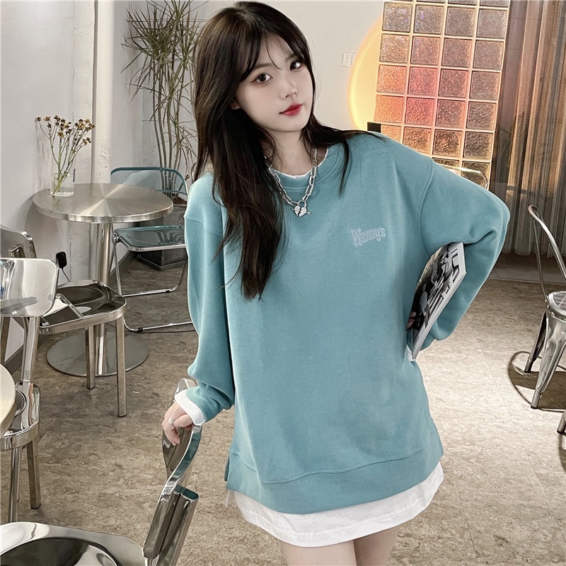 Áo nỉ dài tay dáng rộng thêu chữ phong cách hàn quốc thời trang