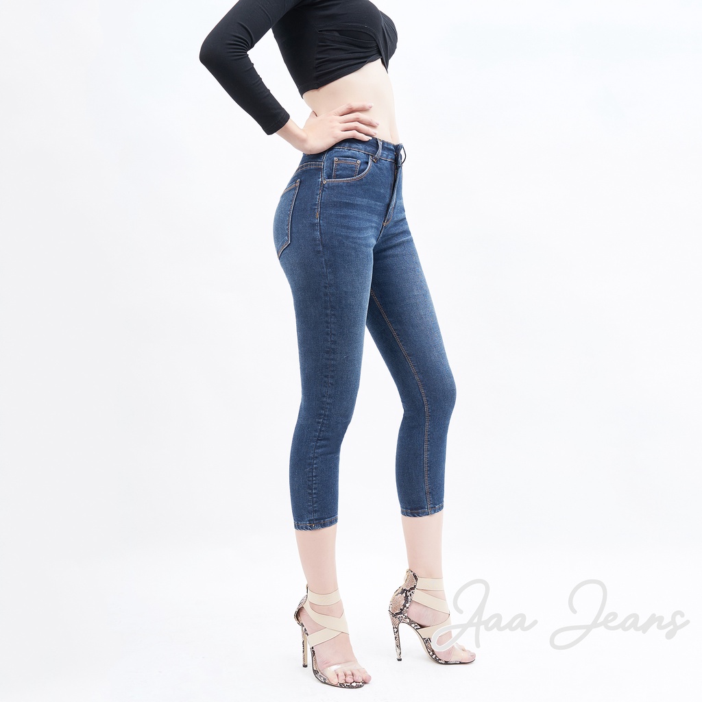 Quần Bò Lửng Nữ Aaa Jeans Dáng Skinny Lưng Cao Xanh Đậm