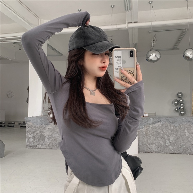 Áo thun nữ dài tay trơn màu, thiết kế cổ chữ U, phần trên siêu sexy lộ eo hai bên