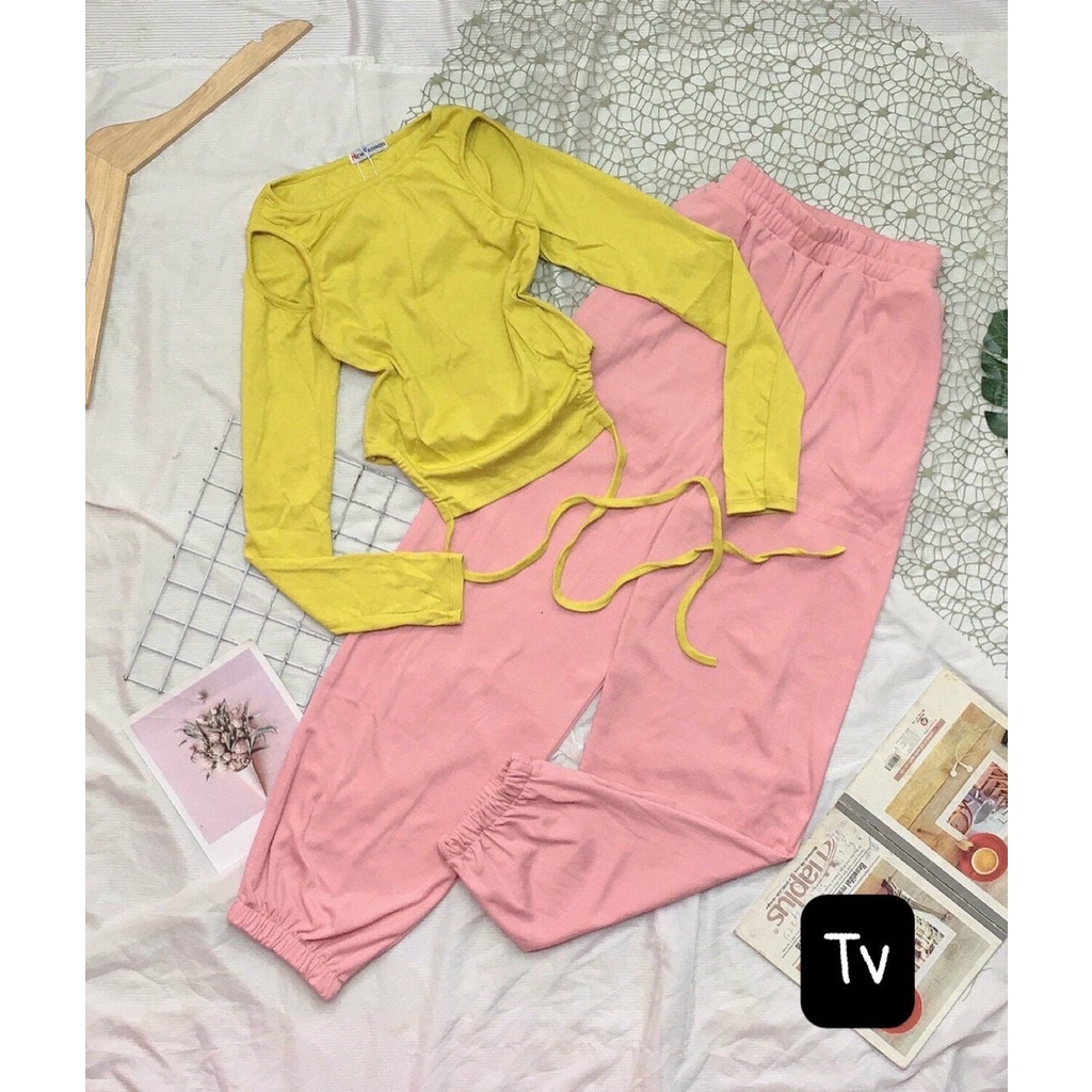 set áo kiểu khoét vai cột dây eo kèm quần bo ống dài mềm cotton