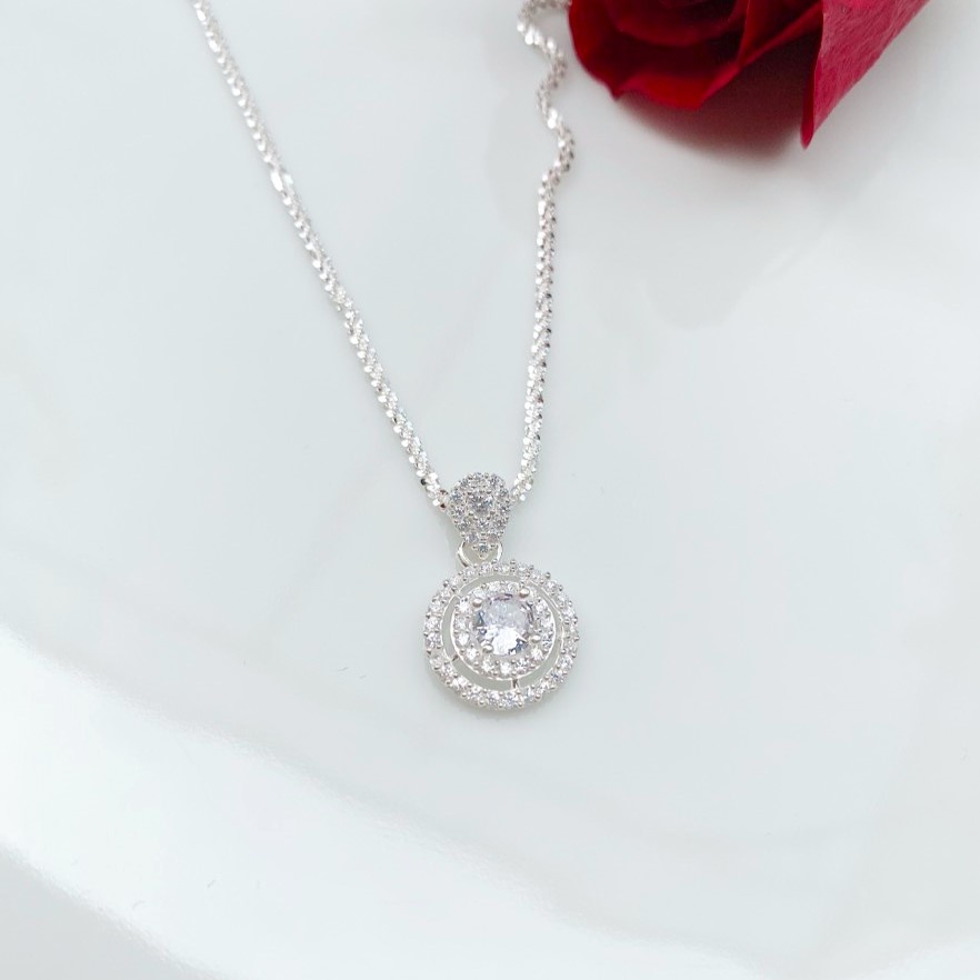 Dây chuyền bạc ý Evasilver mặt hình tròn gắn đá sang trọng nữ tính, Vòng cổ bạc S925 mẫu dây xù bền đẹp sáng bóng
