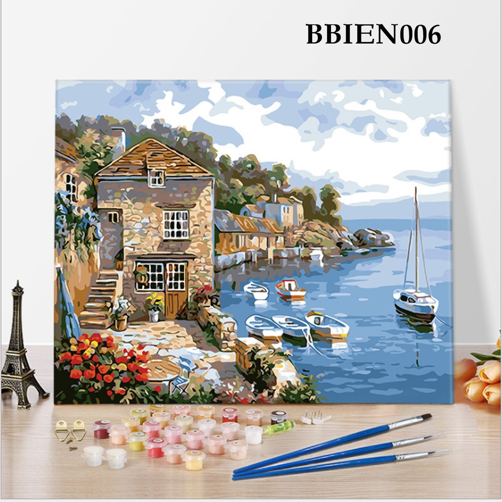 [Hàng Sẵn] Tranh Sơn Dầu Số Hóa, Vẽ Theo Số Bãi Biển (Căng Khung Sẵn - 40x50cm)