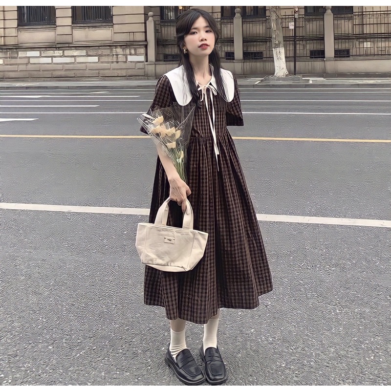 Váy Baby Doll Caro Vintage Cổ Búp Bê Thắt Nơ Xinh Xắn