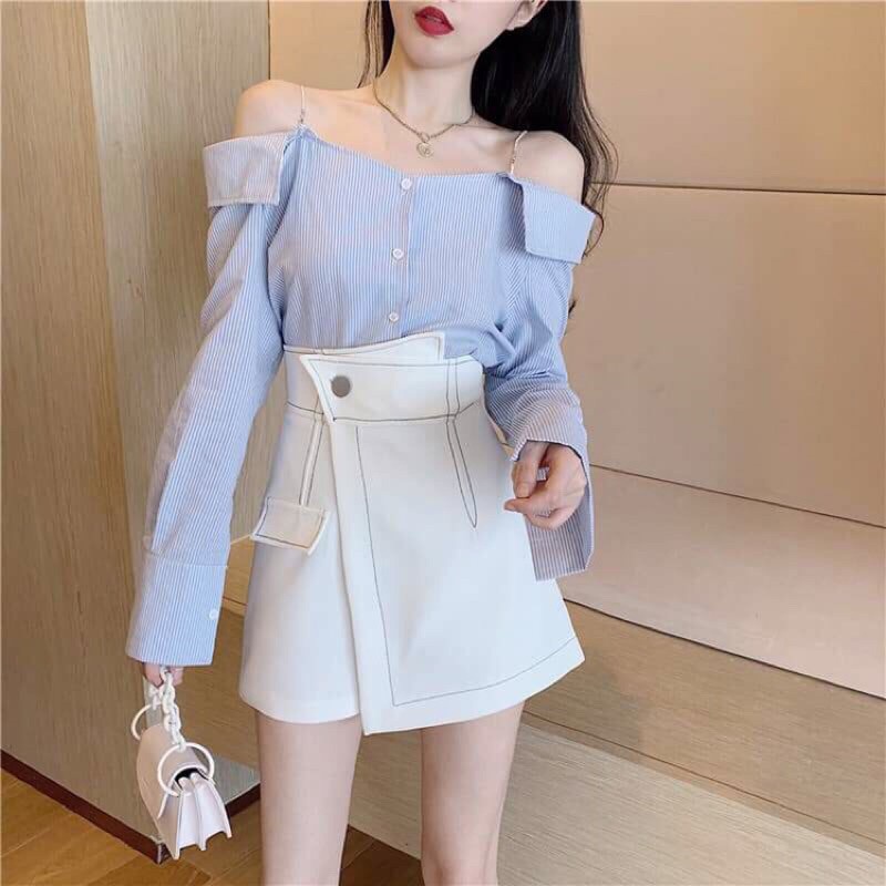 Quần short giả váy nữ Ladya dáng chữ chữ A lưng cao vạt chéo viền chỉ nổi khuy lệch 2 màu đen trắng M666