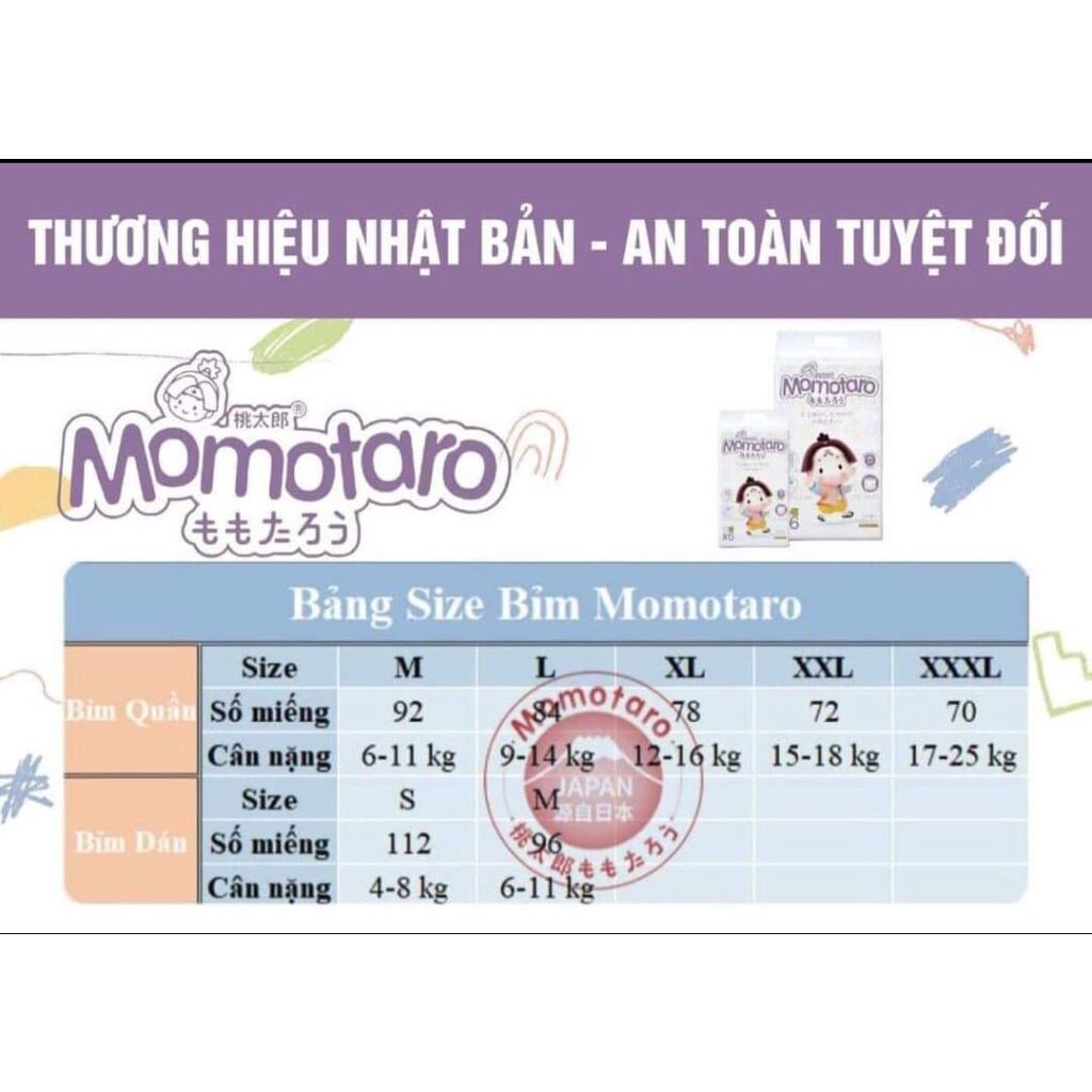 Tã bỉm MOMOTARO, MOMO DIAMOND chính hãng size S112/M96/M92/L84/XL78/XXL72/XXXL70.....