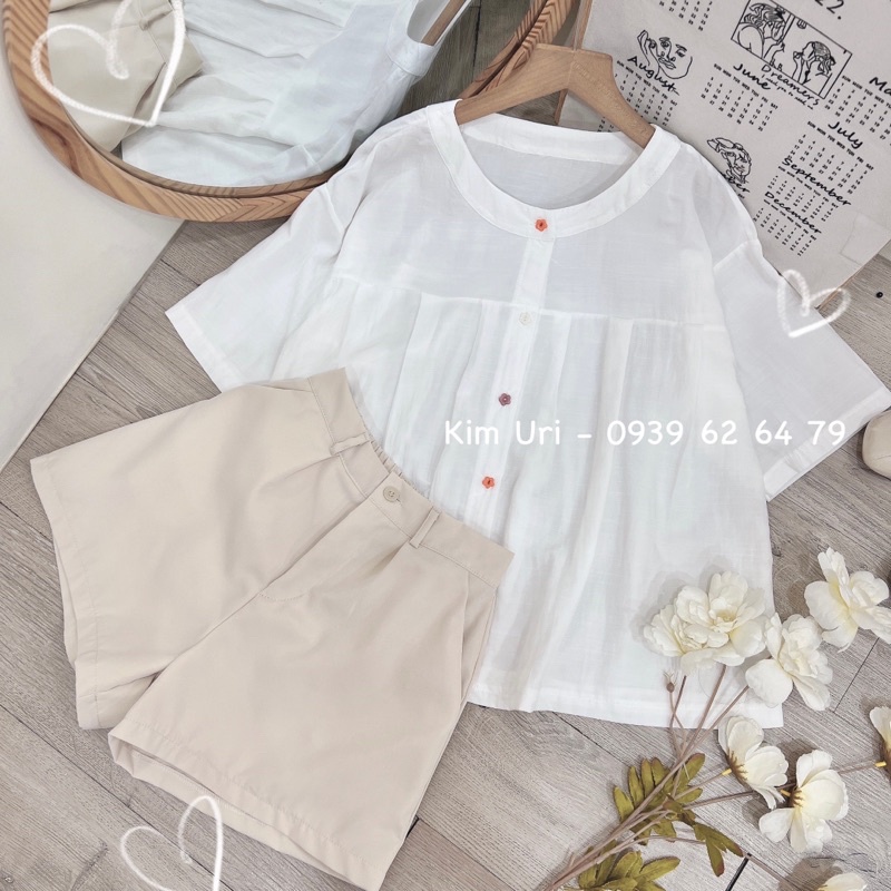 [Sẵn] Áo sơ mi form rộng gài nút hoa nhiều màu + quần short nude