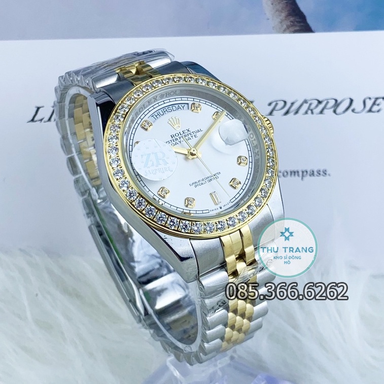 Đồng hồ nam Rolex cơ Automatic máy Nhật mẫu 2 lịch mặt trắng viền đá dây demi size 40-41mm