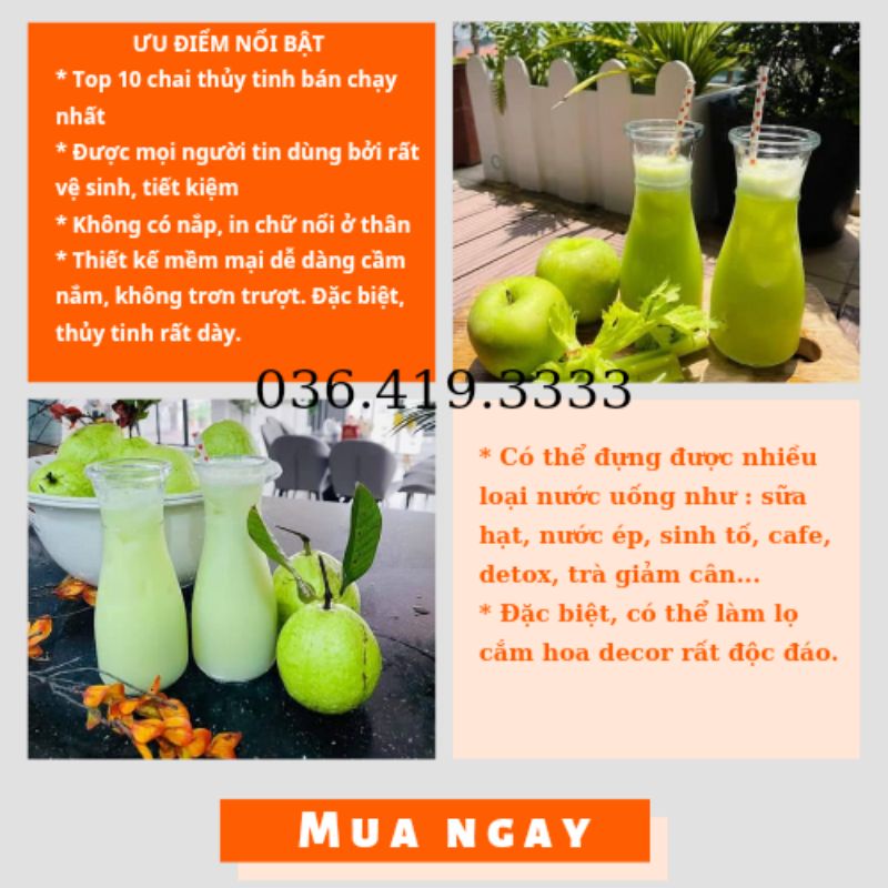 Ly thủy tinh sinh tố - Lọ hoa thủy tinh decor 350ml Chai thủy tinh eo Love decor siêu dày đẹp