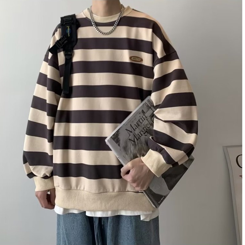Size M-5XL Áo Sweater Cổ Tròn Dáng Rộng Họa Tiết Kẻ Sọc Màu Tương Phản Phong Cách Nhật Bản Thời Trang Cho Nam Và Nữ