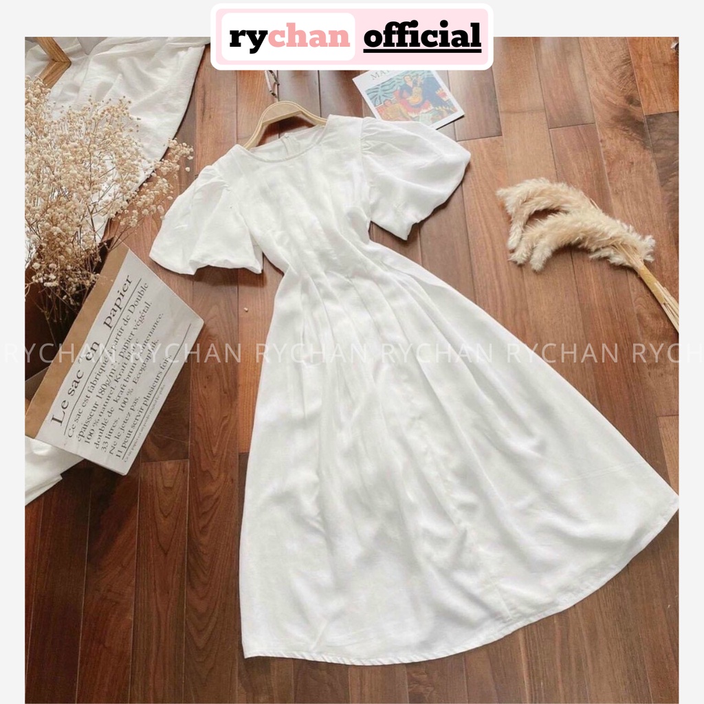Đầm Xòe Midi Trơn Tay Phồng Chít Eo 5 Màu [Ảnh Thật Cuối] - DX0036