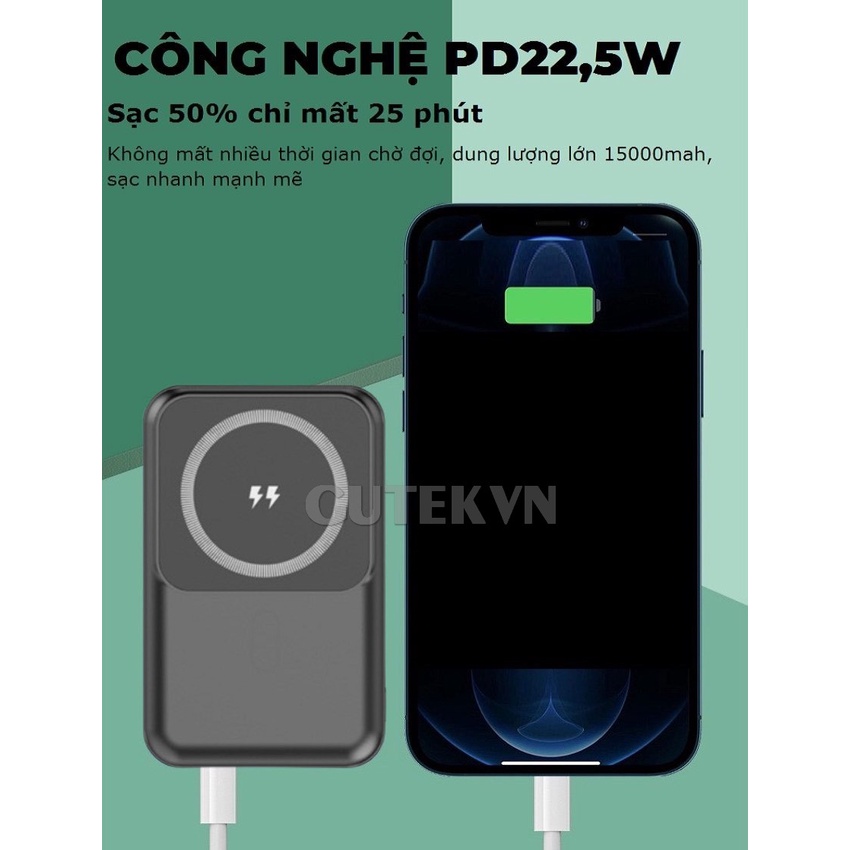 Sạc dự phòng không dây sạc nhanh 22,5W pin 15000mah cao cấp cho từ ip 8/X/11/12/13 – Gutek GT68