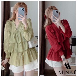 ẢNH THẬT Set bộ áo sơ mi bèo tầng xanh cổ v chất đũi+ quần đùi trắng cap chun