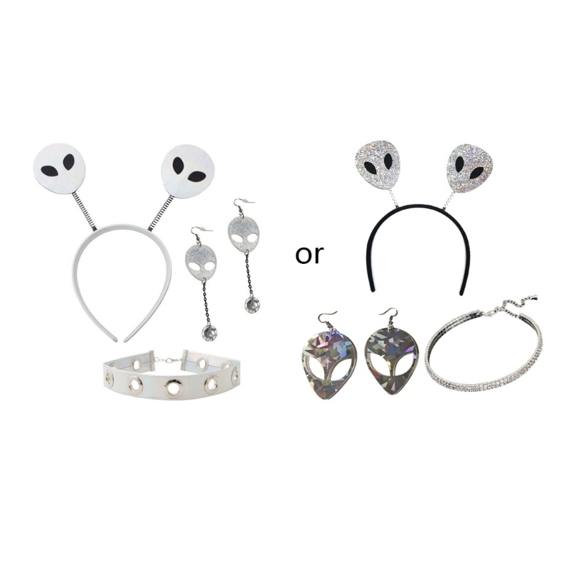 Set 1 / 3 / 4 Vòng cổ / Đôi Bông Tai / Găng Tay / Mặt Người Ngoài Hành Tinh Đính Đá Pha Lê Hóa Trang