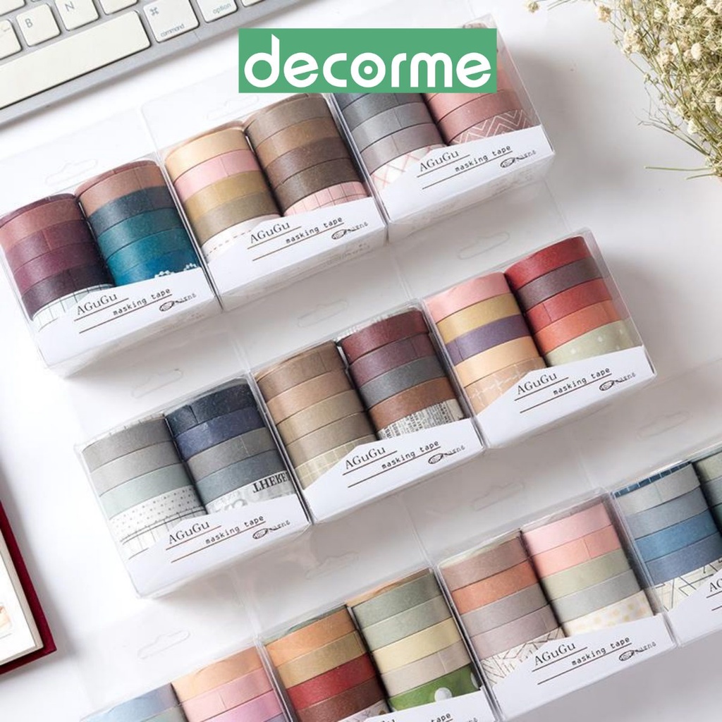 Washi tape trơn màu họa tiết Decorme Agugu NBD2 băng keo giấy nhiều màu hộp 10 cuộn