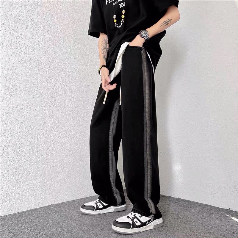 Quần bò jeans ống rộng cạp chun dây rút viền phối màu đậm nhạt hiphop Ulzzang siêu chất ❤️