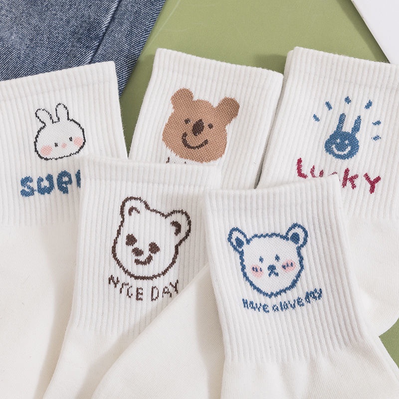 Set 10 Đôi Tất Nữ Cao Cổ Hàn Quốc Họa Tiết Gấu Cute Dễ Thương Vớ Nữ Trắng Sỉ Giá Rẻ Chất Dày Dặn Vải TVSHUNA1