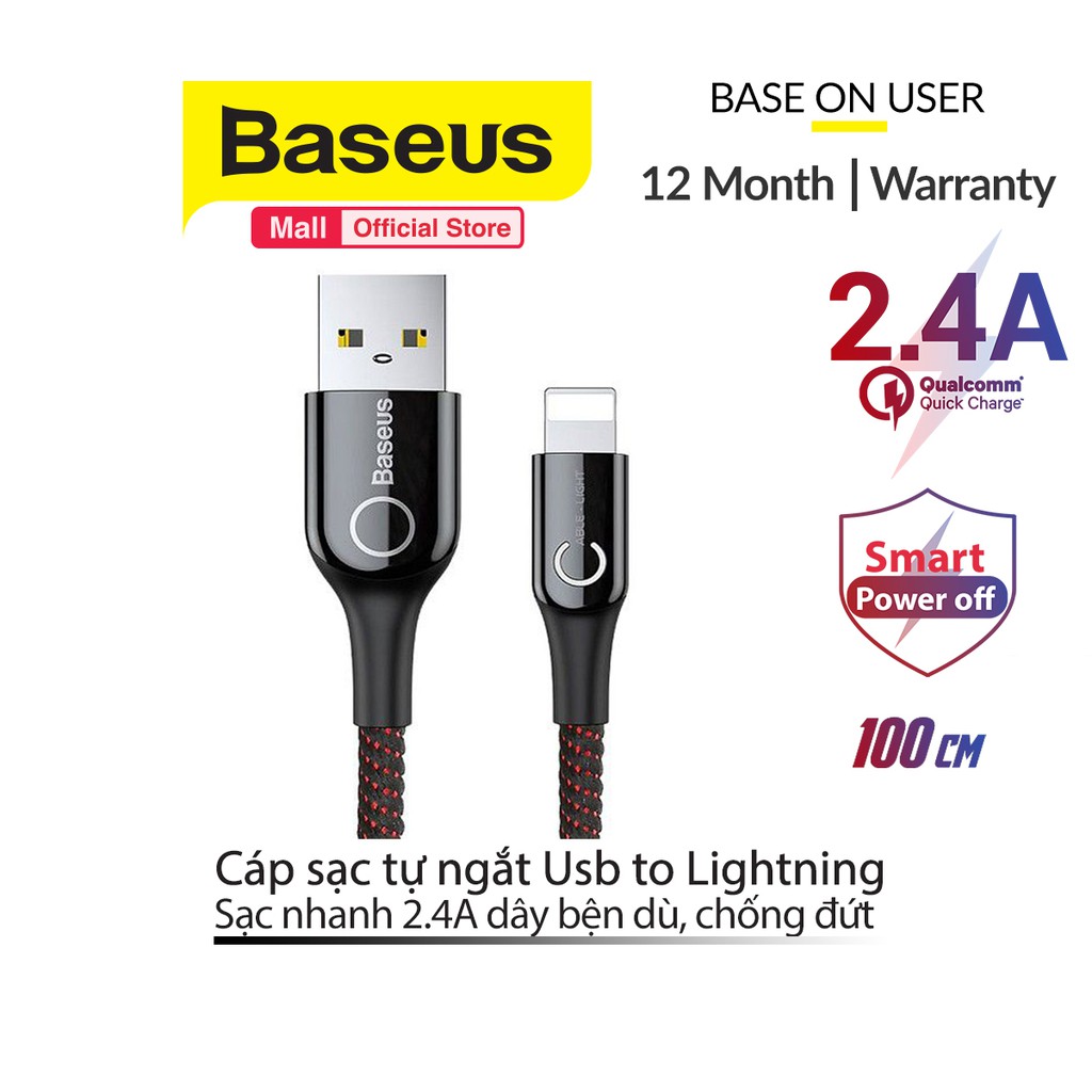 Cáp sạc Baseus USB to Lightning tự ngắt thông minh sạc nhanh 2.4A dành cho iPhone dây bện dù chống đứt dài 1m