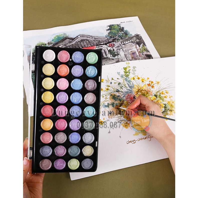 Màu nước nén Mont Marte - Bộ màu nước nhũ nén - MONT MARTE METALLIC WATERCOLOR CAKE - Dụng cụ vẽ Tâm Tâm